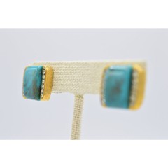 Vintage Earrings Clip On Faux Turquoise Crystal Rhinestone Gold NOS 1980s Bin8