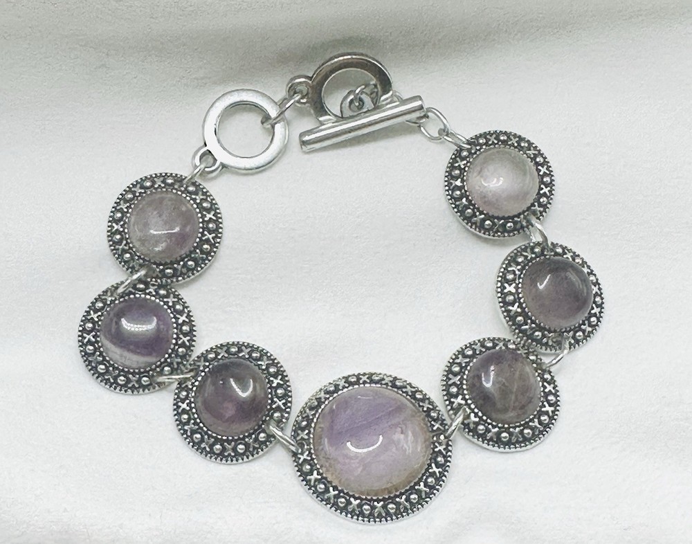 Vintage Silver Tone Purple Stone Link Bracelet Toggle Clasp Boho