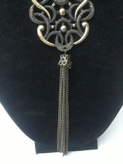 Vintage Pendant Necklace Antique Silver Tone Statement Metal Tassel 28 in