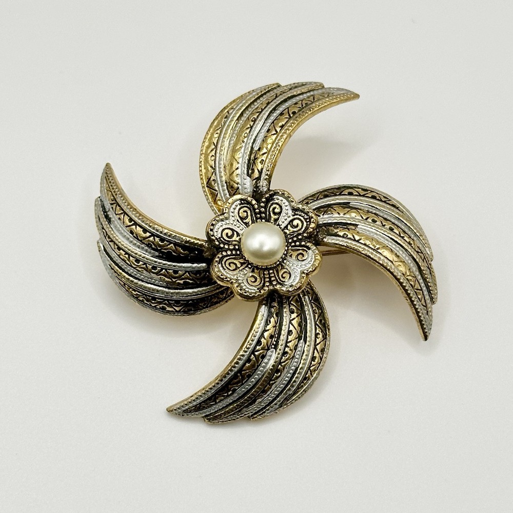 Vintage Antique Damascene Brooch Gold Tone Flower Faux Pearl Spain