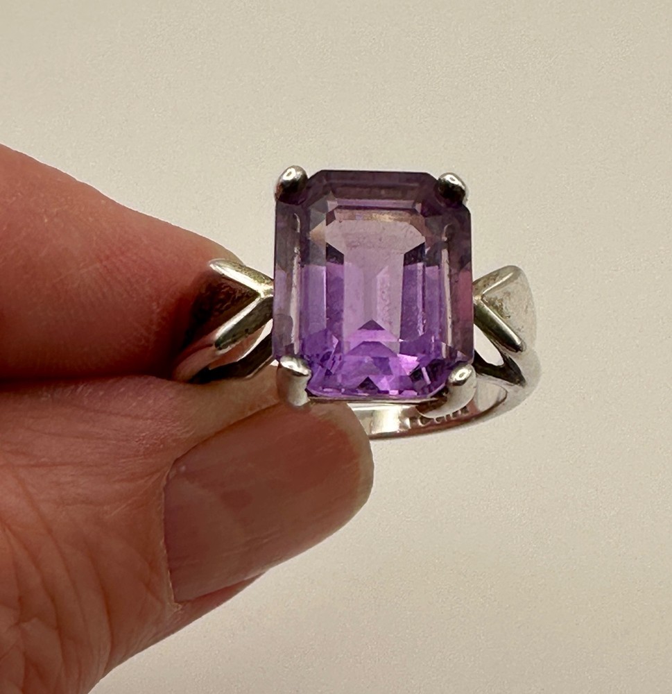 Vintage Sterling Silver Emerald Cut Purple Glass Faux Amethyst Ring Size 8