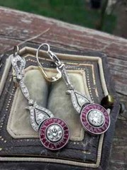 Art Deco Style Lab Created Diamond & Ruby Wedding 14K White Gold Finish Earrings