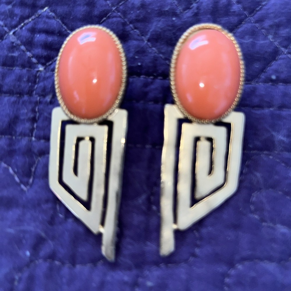 Art Deco Style Simulated Orange Coral Post Pierced Earring Gold tone Costume