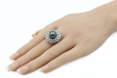 Contemporary Signed JTV Sterling Silver Tahitian Pearl White Topaz Ring Sz 7