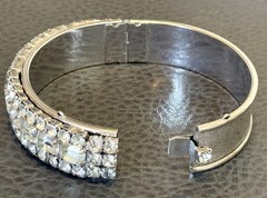 Vintage Crystal Octagon Rhinestone Rhodium Plate Hinge Bangle Bracelet 7 3/8”