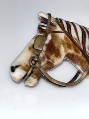 Vintage Horse Head Equestrian Pendant Carved Mother Of Pearl/Ivory/Elk Ant Brass