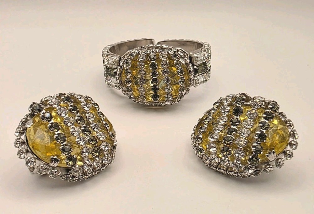 Vintage Unsigned Hobe Yellow/Grey/Clear Crystal Layered Cuff Bracelet/Earrings