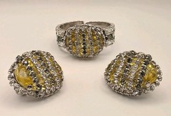 Vintage Unsigned Hobe Yellow/Grey/Clear Crystal Layered Cuff Bracelet/Earrings