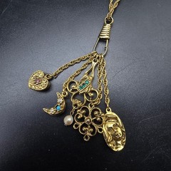 Etruscan Revival Charm Necklace Watch Fob Gold Tone Cameo Goldette Style