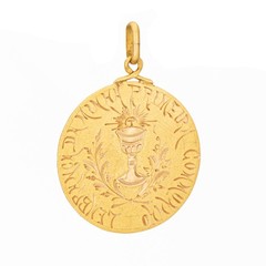 Antique Portuguese Medallion 19k Yellow Gold 1st Communion Religious Charm