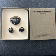 VINTAGE BUTLER & WILSON Signed Saturn Brooch & Earrings SET Navy Blue