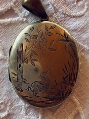 Antique Victorian Aesthetic Movement Locket Silver Tone Gilt Heron Crane