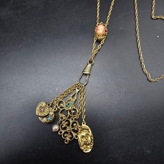 Etruscan Revival Charm Necklace Watch Fob Gold Tone Cameo Goldette Style
