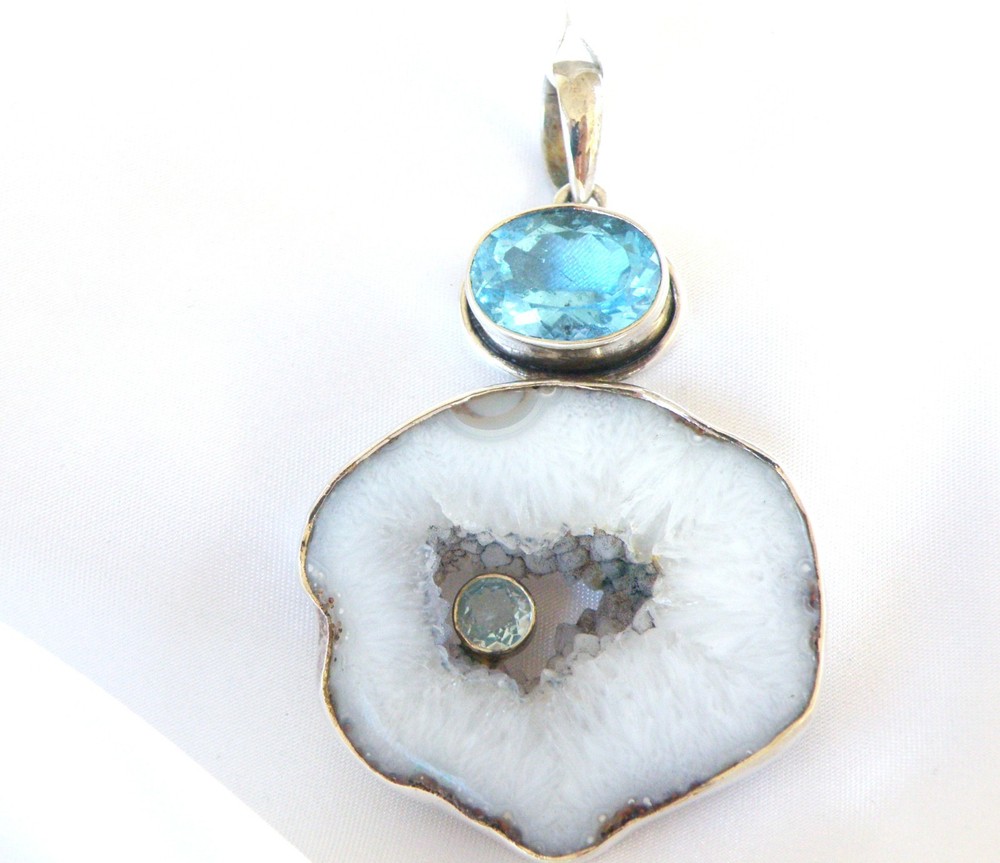 Huge Sterling Silver 925 Natural Heated Blue Topaz Modernist Pendant