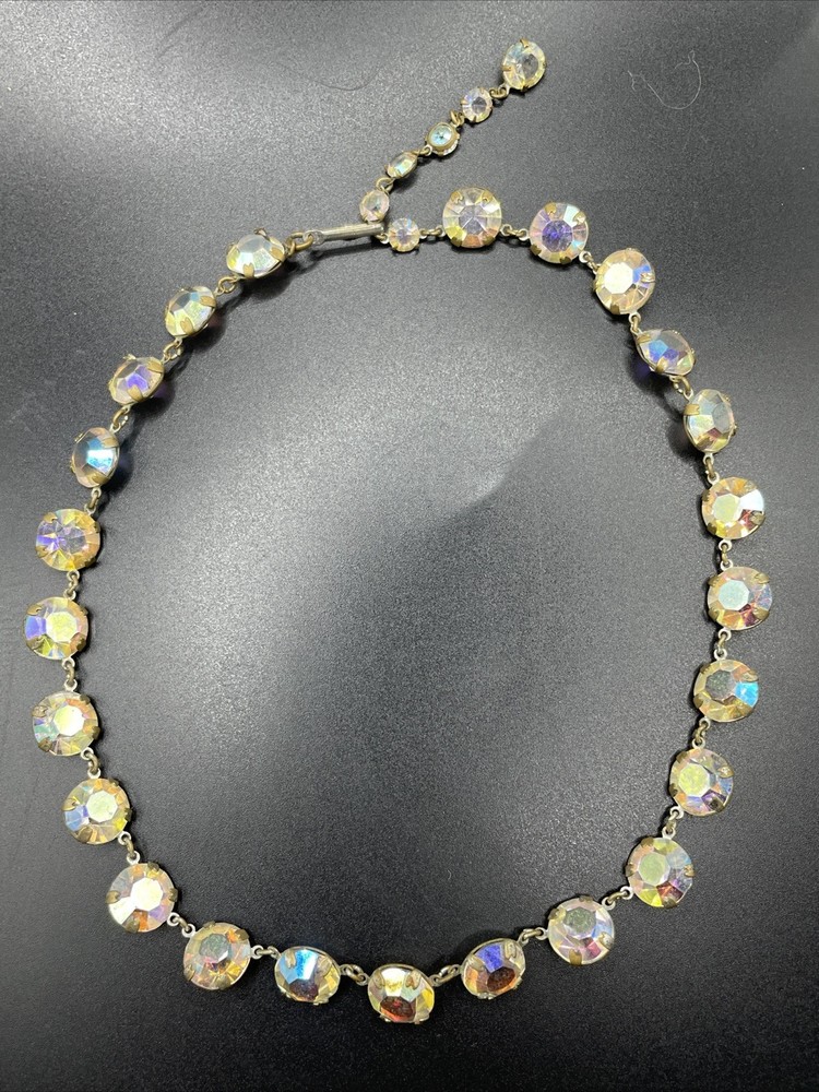 Vintage Czech Aurora Borealis Rhinestone Choker Necklace Bezel Set 1950s 15” K