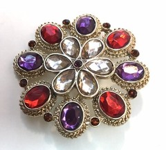 Colorful Purple Red White Rhinestone Brooch Silver Tone Flower Pin