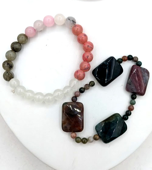 Gemstone Stretch Bracelets Lot Rhodonite Quartz Agate Stone Bracelets 2 Pc