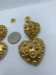 Vintage Gilt Resin Heart Dangle Pierced Earrings Gold Ball Studded 3″ Long Drop
