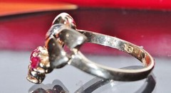 14k multi tone gold 1930’s size 6.5 bow ring 0.39ct treated ruby diamond 3.8gr