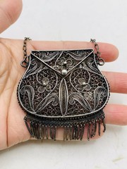 Antique Silver Tone Intricate Filigree Swirl Flower Coin Perfume Purse Pendant