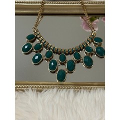 Vintage Gold Tone Necklace Green Statement Bib Chunky Gem Boho Glam