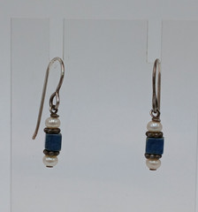VTG Beaded Dangle Earrings 1in Drop Blue Stone Seed Pearl Silver Tone Estate