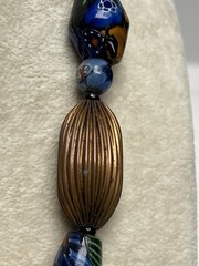 Vintage Multicolor Glass Large Bead Necklace Copper Green Jasper Pendant * Read