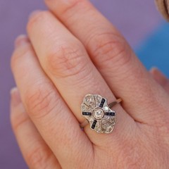 Art Deco Lab Created Diamonds ring with Blue Sapphire 925 Sterling Silver Ring
