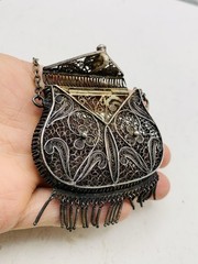 Antique Silver Tone Intricate Filigree Swirl Flower Coin Perfume Purse Pendant