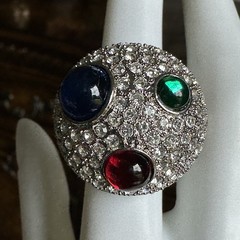 Vintage Arnold Scaasi Cocktail Ring Size 7 Domed Multicolor Cabs Rhinestones