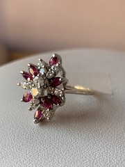 VINTAGE 14K WHITE GOLD RUBIES DIAMONDS CLUSTER SPRAY COCKTAIL RING STATEMENT