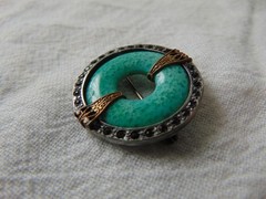 vintage antique faux Jade glass ring gray crystals silver gold setting brooch