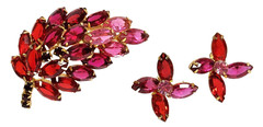 Juliana Pink & Red Marquise Shape Rhinestone Leaf Brooch Clip Earrings Set
