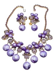 Vintage Juliana D&E Purple Rhinestone Pearl Necklace Earrings Set Book Piece