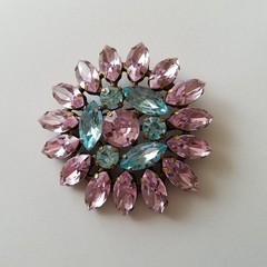 Vintage Pink and Blue Marquise Rhinestone Floral Brooch