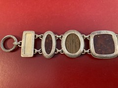 Vintage Amber, Ivory, Brown Cabochon Bracelet Sterling Silver