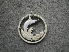 Blue Marlin QE II Bahamas 50 Cents Coin Vtg Two Tone 800 Silver Charm Pendant 6g