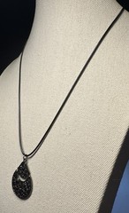 Vintage Gothic Silvertone Scrollwork Teardrop Pendant On Cord Necklace