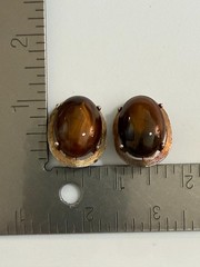 Vintage Faux Tiger Eye Seleni Gold Tone Clip Earrings Chunky Honey Brown Swirl