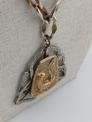 RARE SIGNED ART TWO TONE Brutalist hammered bird design pendant necklace