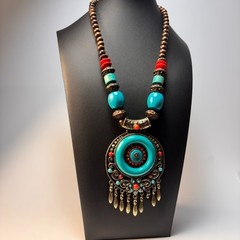 Chunky Vintage Necklace Wood Beads Boho Chunky Blue Resin Pendant