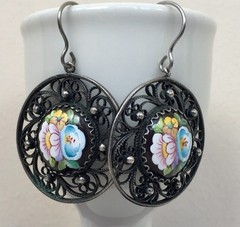 Vintage Painted Enameled Earring Soviet Cupronickel Finift Hand Wrought Filigree