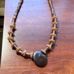 Vintage Multi-Natural Materials Bead Necklace Bohemian Wood 26″ Tribal Design