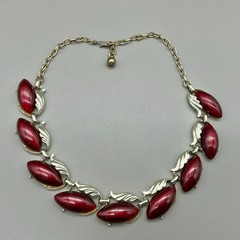 Vintage Burgundy Marquise Cabochon Gold Tone Necklace Clip On Earrings Set