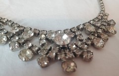 Vintage Rhinestone Statement Necklace Silver Tone Bib Bridal 15.5in