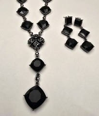 Vintage Crown Trifari Black Crystal Gunmetal Y-Drop Necklace & Earrings Set