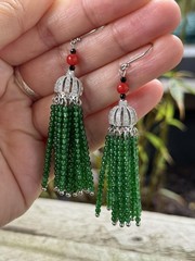 Earrings tassel pendant natural red coral green agate beads 925 Sterling silver