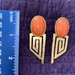 Art Deco Style Simulated Orange Coral Post Pierced Earring Gold tone Costume
