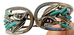 Vintage Silver & Turquoise Toned Flower Leaves Hinged Bangle Clamper Bracelet