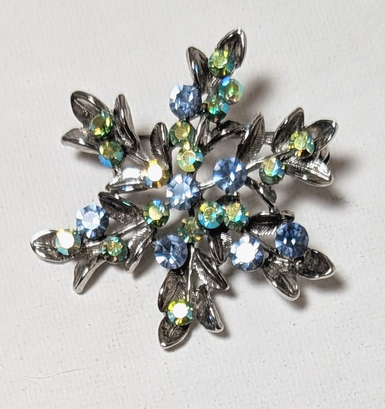 Vintage Silver Tone Snowflake Brooch Green & Blue Rhinestones 2″